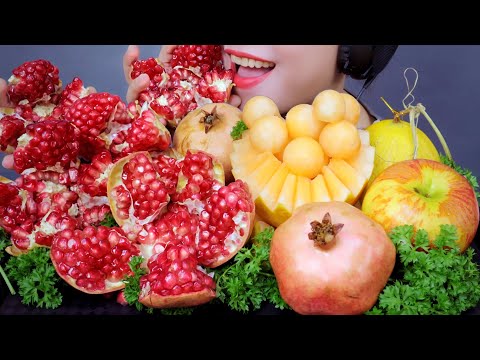 ASMR EATING FRUITS PLATTER (GOLDEN CANTALOUPE, SICHUAN POMEGRANATE AND EVI APPLE) | LINH-ASMR