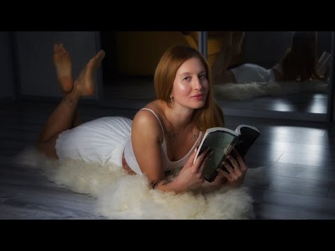 ASMR Reading in The Pose + Tan Nylon Tights Try On. White Mini Skirt and Sheer 8 den Pantyhose.