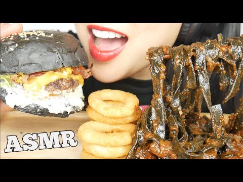 ASMR SQUID INK FETTUCCINE + ONION RINGS + CHEESE BURGER (EATING SOUNDS) NO TALKING | SAS-ASMR