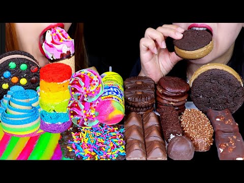 ASMR RAINBOW VS CHOCOLATE (PUSH POP ICE CREAM, CAKE, M&M'S ICE CREAM, KINDER, KITKAT, SOUR GUMMY) 먹방