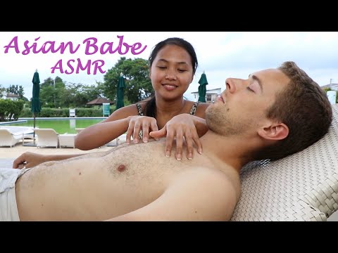 Asian Babe ASMR | Poolside CHEST, TUMMY, & FACE Tickle Massage with Soft Spa Music 🎶