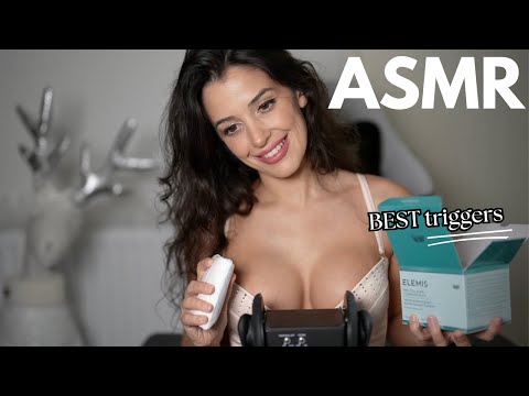 ASMR Unboxing THE BEST skincare products | Packaging sounds, tingles & eye contact