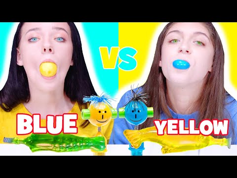 ASMR Yellow Candy Jelly VS Blue Lollipops Candy Race