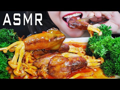 ASMR COOKING SPICY STIR FRIED SQUID STUFFED WITH MUSHROOM CRUNCHY CHEWY EATING SOUNDS | LINH-ASMR
