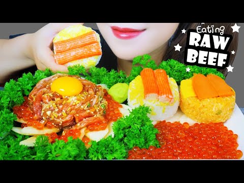 ASMR KOREAN STYLE RAW BEEF X RAW SALMON EGGS X SUSHI , EATING SOUNDS | LINH-ASMR