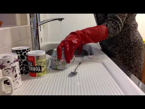 ASMR Mummy Washes Up Dishes In Red Long Rubber Gloves
