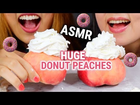 ASMR EATING GIANT DONUT PEACHES and WHIPPED CREAM (CRUNCHY EATING SOUNDS)