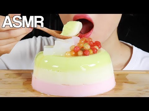 ASMR MILK PUDDING TAPIOCA PEARLS POPPING BOBS COCONUT JELLY EATING SOUNDS MUKBANG