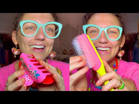 ASMR ~ 🦋🍒 kind lady brushes, detangles, & CLIPS your hair w/ tingly GUM chewing! 🦋🍒