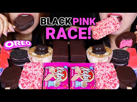 ASMR BLACK PINK DESSERT RACE! DARK CHOCOLATE ICE CREAM BARS, FRUITY KITKATS, OREO, STRAWBERRY BAR 먹방