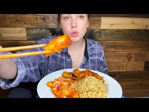 ASMR- SPICY CHEESY TTEOKBOKKI, NOODLES, GENERAL TSO TOFU🍜🌶😋 (soft/chewy eating sounds)