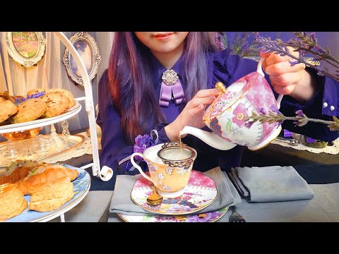 ASMR Romantic Lavender Tea Party with me💜milk tea, scones, sandwiches, cookies, blending tea