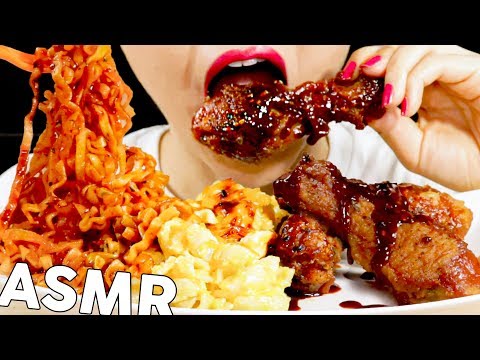 ASMR Spicy Fried Chicken, Mac&Cheese, Carbo Fire Noodles 불닭소스치킨, 맥앤치즈, 까르보불닭볶음면 먹방 | MINEE EATS