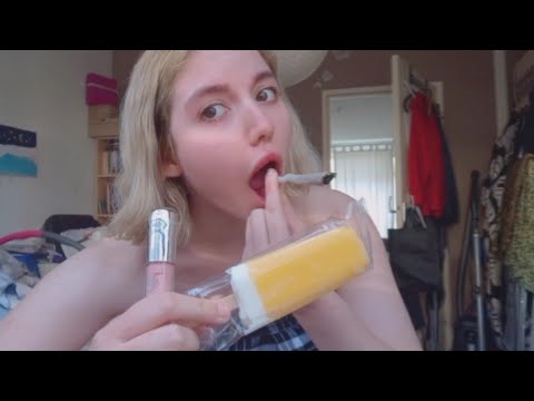ASMR stoned lipgloss in pink hole and licking icecream sounds with cute story tell