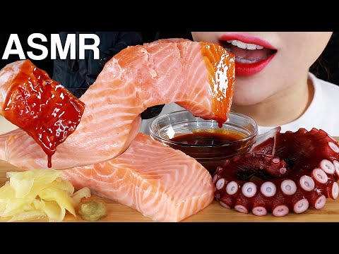 ASMR Salmon Sashimi & Octopus with Fire sauce 통연어, 문어 불닭소스 먹방 *Savage* Mukbang Eating Sounds