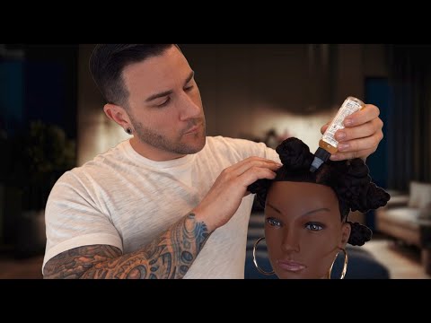 Trying Bantu Knots on Afro Hair w/ Braiding Extensions ASMR | Male Whisper Voice