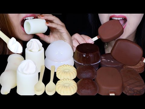 ASMR MILK VS WHITE CHOCOLATE (DOVE ICE CREAM, FROZEN SHOT GLASSES, CHOCOLATE SPOONS, MOCHI, JELLY 먹방