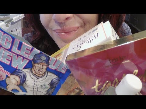 30 minutes of Going Through Empties & Chewing Big League Chew.  ASMR Close Whisper, Ramble & Tapping