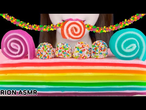 【ASMR】🍭MARSHMALLOW JELLO CAKE 🌈 RAINBOW GUMMY,JELLY ROLL-UPS MUKBANG 먹방 EATING SOUNDS NO TALKING