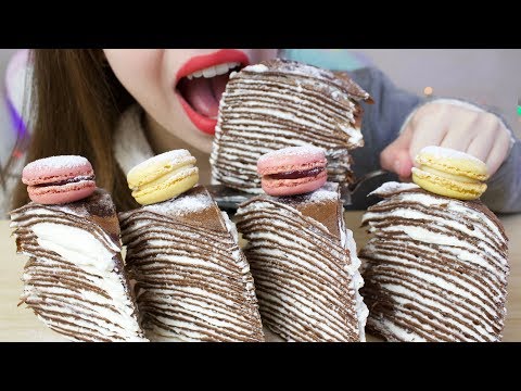 ASMR CREPE CAKE + French Macarons (Chocolate Cake SOFT Eating Sounds)
