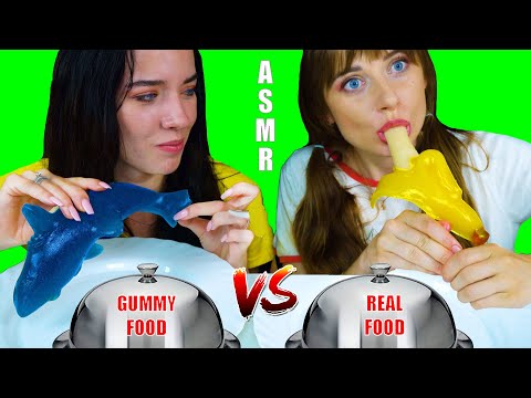 ASMR GUMMY FOOD VS REAL FOOD CHALLENGE (Shark, Corn, Pretzel, Banana, Spaghetti) EATING SOUNDS