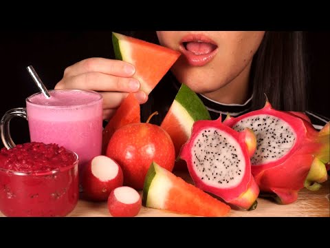 ASMR Pink Food ~ Dragon Fruit, Watermelon, Smoothie (No Talking)