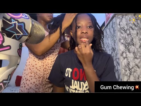 ASMR GUM CHEWING With My Sister While I Style Her Braids