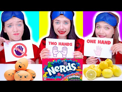 ASMR Eating With Closed Eyes Food Challenge | One Hand, No Hands, Two Hands Mukbang