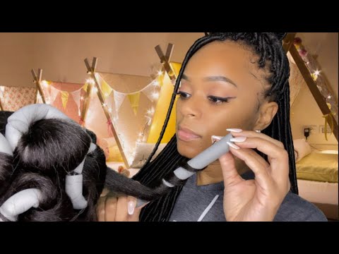 ASMR 💤 Friend At Sleepover Combs/Brushes/Roller Sets Your Hair | Relaxed Afro Hair| Scalp Scratching