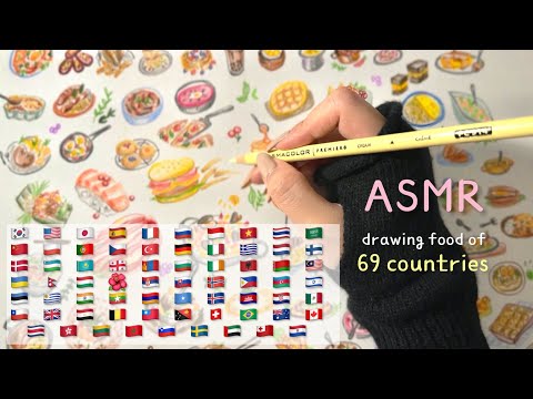 ASMR l Drawing popular food of 69 countries 🥞🥘🍲 (draw with me/ study with me)