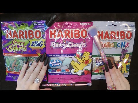 ASMR Trying Haribo Gummies | Berry Clouds, Sour Sghetti & Funtastic Mix | Whispered Eat With Me