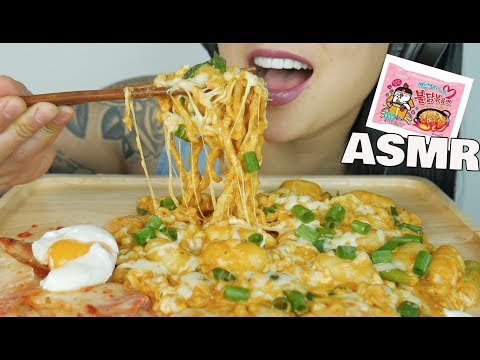 ASMR SPICY SAMYANG NOODLES + EXTRA CHEESY MINI RICE CAKES (STICKY CHEWY EATING SOUNDS) | SAS-ASMR