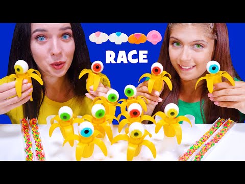 EYES BANANA JELLY AND NERDS ROPE CANDY RACE PARTY MUKBANG