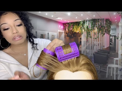 ASMR  Hair stylist Roller Set with gum chewing (layered sounds)( she doesn't know how to roller set)