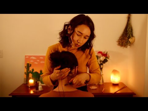 [ASMR] Binaural Real Person Gua Sha Shoulder & Neck Massage + Hair Brushing & Braiding