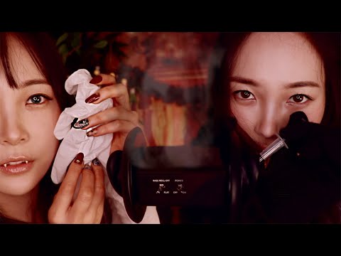 ASMR 1 Hour Twin Vampire's Ear Cleaning👂(Massage, Ear Blowing , Inaudible)