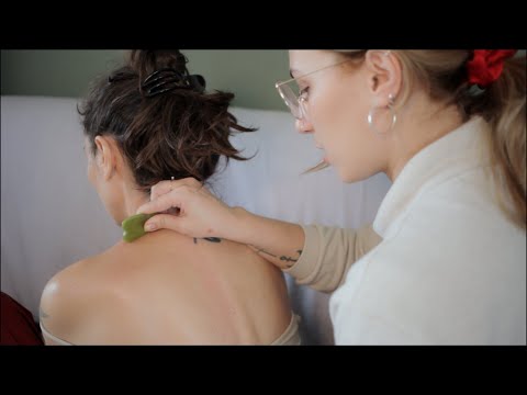 ASMR ~ Back, Shoulder & Neck Massage w. Gua Sha 🌙 Real Person ⚬ Hair Brushing ⚬ Soft Spoken ⚬