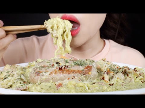 ASMR Creamy Basil Shrimps and Bacon Noodles Eating Sounds Mukbang