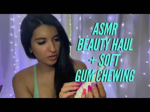 ASMR Soft Gum Chewing Beauty Haul / Show & Tell (Whispered, Binaural) 💗👛🛍