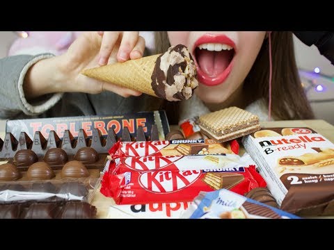 ASMR CRUNCHY CHOCOLATE CANDY Eating (KITKAT, Kinder, Cornetto, Nutella)