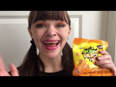 ASMR 🍑🧒 CANDY REVIEW SOUR PATCH KIDS PEACH soft spoken whisper chewing Satisfying Sunny Sounds