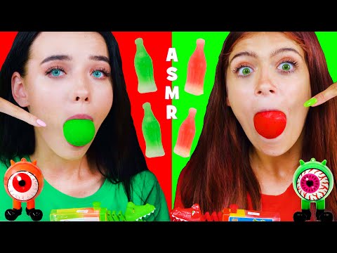 ASMR Red Food VS Green Food (Candy Spray, Wax Bottles Race, Sour Lollipop, Liquid Candy)