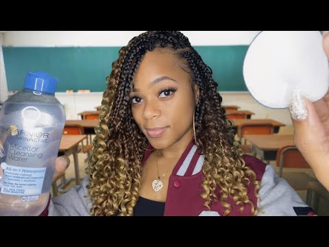 🎒ASMR 🎒 BFF Pampers You in Class w/ Facial, Eyebrow Plucking and Hair Brushing | Layered Sounds