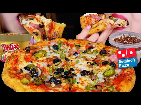 ASMR EATING CHEESY DOMINO'S SUPREME PIZZA & TWIX ICE CREAM SUNDAE + CHOCOLATE GELATO CUP 먹방
