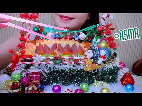 ASMR CHRISTMAS SUSHI AND SASHIMI CAKE , CHEWY CRUNCHY EATING SOUNDS | LINH-ASMR