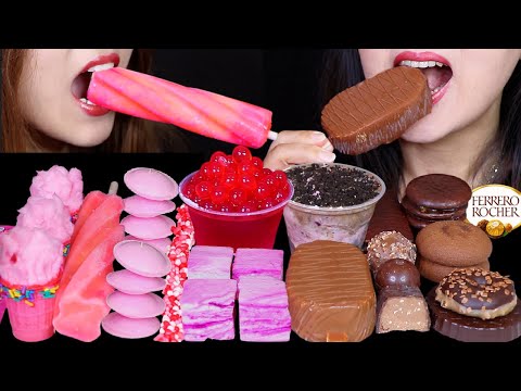 ASMR STRAWBERRY VS CHOCOLATE (POPPING BOBA, DONUT, COTTON CANDY CONES, MARSHMALLOW, SCREW ICE BAR 먹방