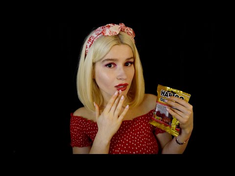 ASMR 🍒 Pinup girl will put you to sleep with chewing sounds. Gummy jelly bears eating, mouth sounds