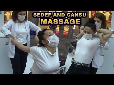 ASMR Cansu and Sedef massage &NECK-BACK CRACK& FEMALE CHAIR Back, Shoulder, Arm, Palm, Neck massage