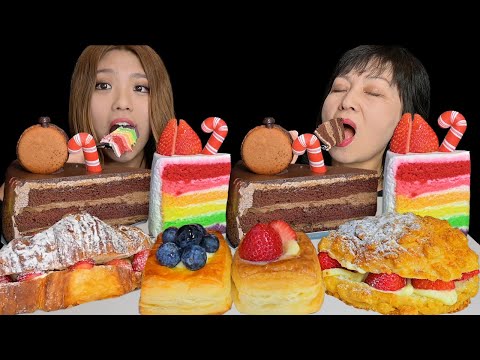KIM&LIZ ASMR FACE REVEAL! EATING CHOCOLATE CAKE, RAINBOW CAKE, CREAM PASTRIES 먹방