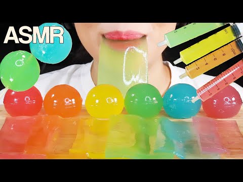 ASMR Rainbow Jelly Sheet Edible Orbeez Syringe Jello Shots Eating Sounds Mukbang